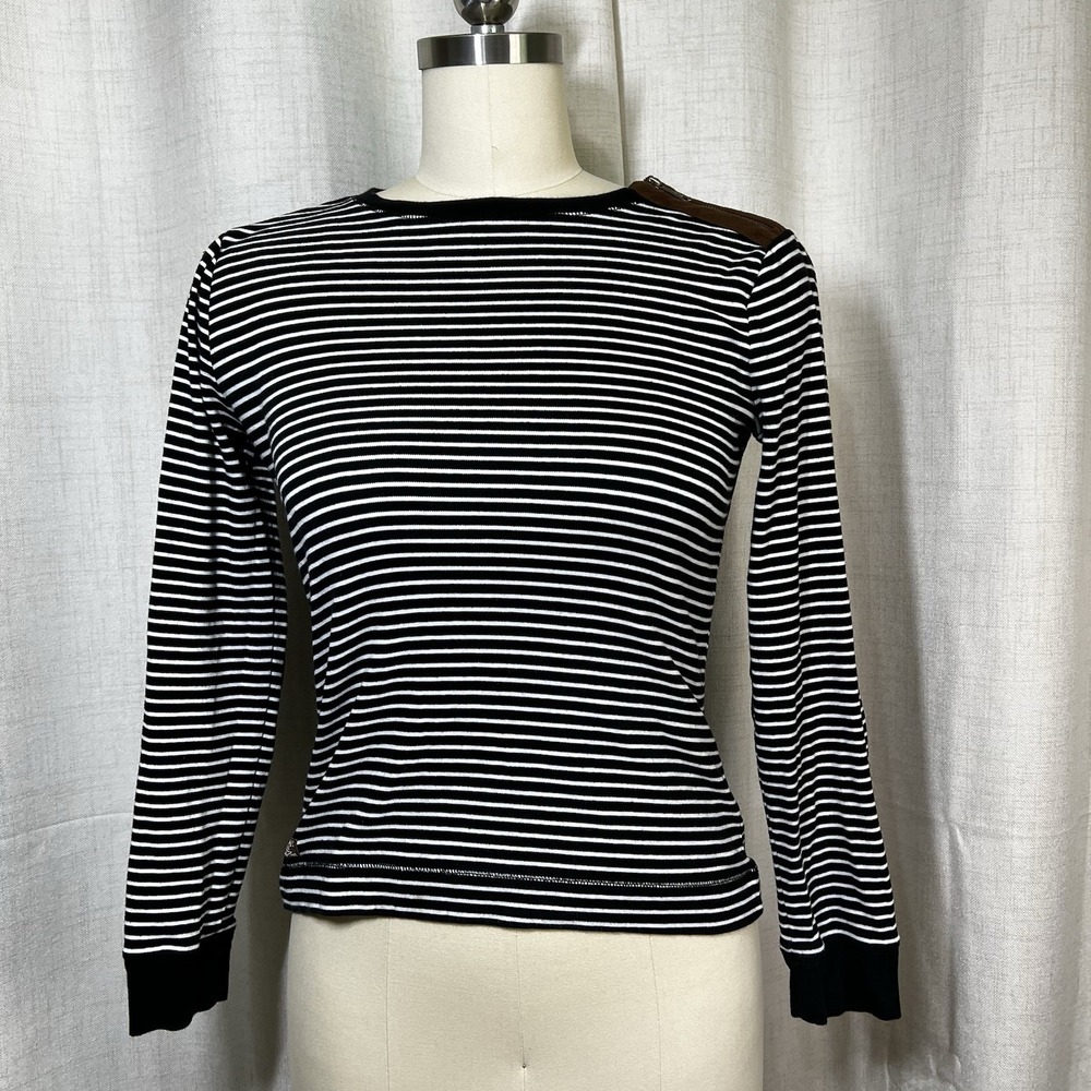 Lauren Ralph Lauren Shirt Top Black White Striped Women's Medium Elbow Patch